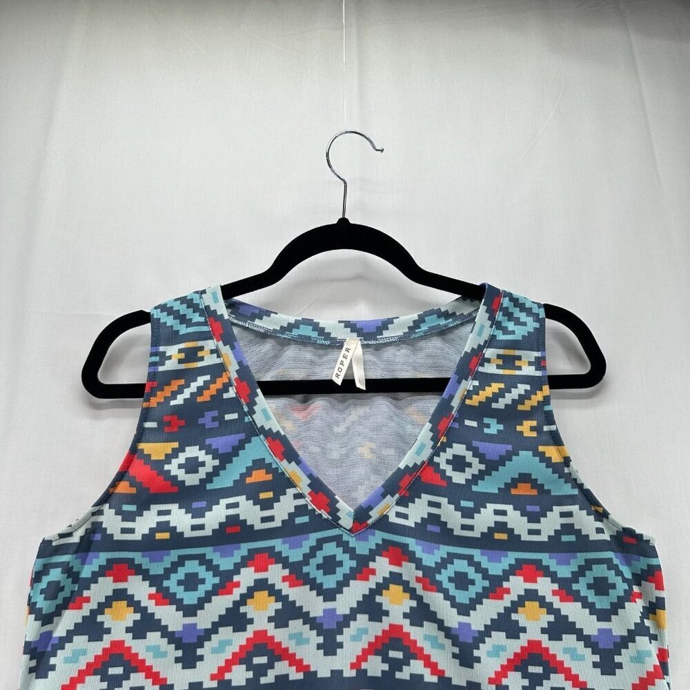 Roper Tank Top Womens Size L Southwestern Aztec V-Neck Sleeveless Shell Blue - Picture 4 of 11